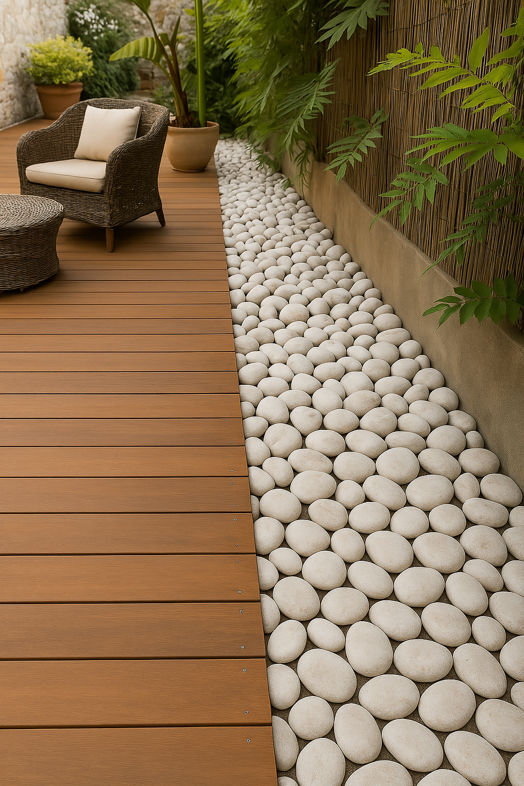 Terrasse bois exotique avec intégration des arbres et bande drainante