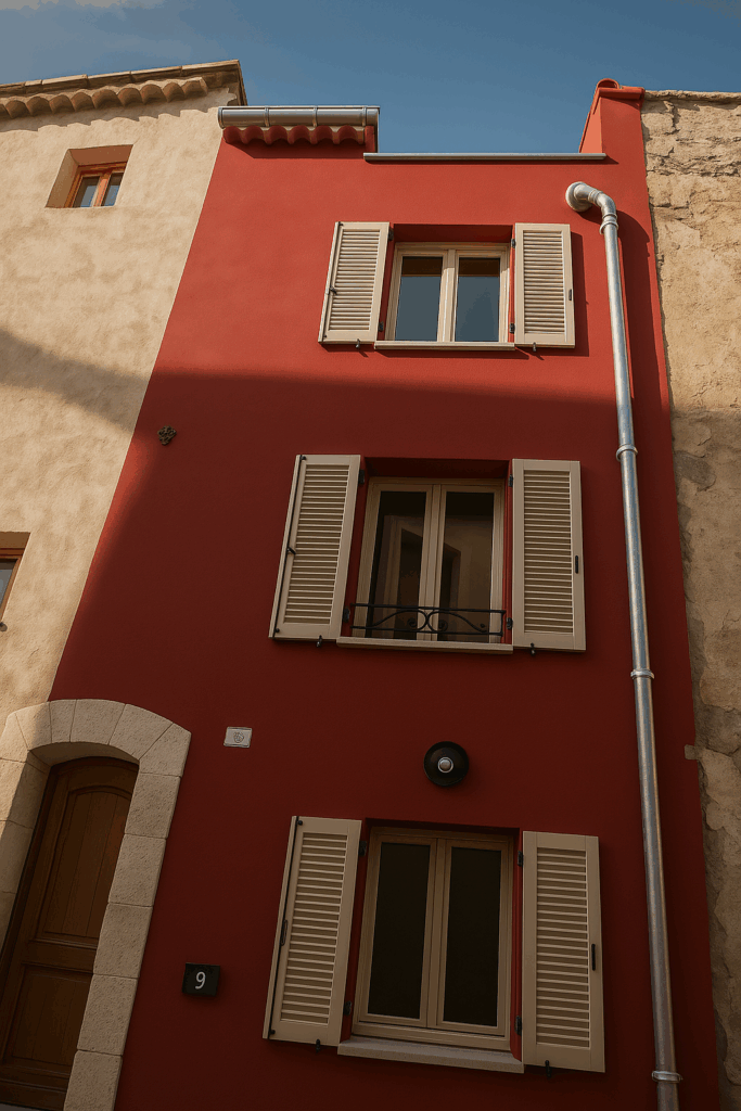 Façade rénovée sur trois niveaux, enduit rouge uniforme, volets battants sable sur menuiseries double vitrage, garde-corps discret et descente d’eaux pluviales en zinc.