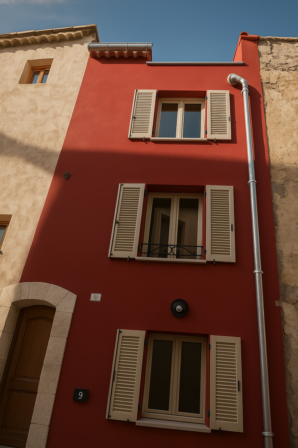 Façade de maison de village rénovée : enduit rouge, menuiseries et descentes zinc