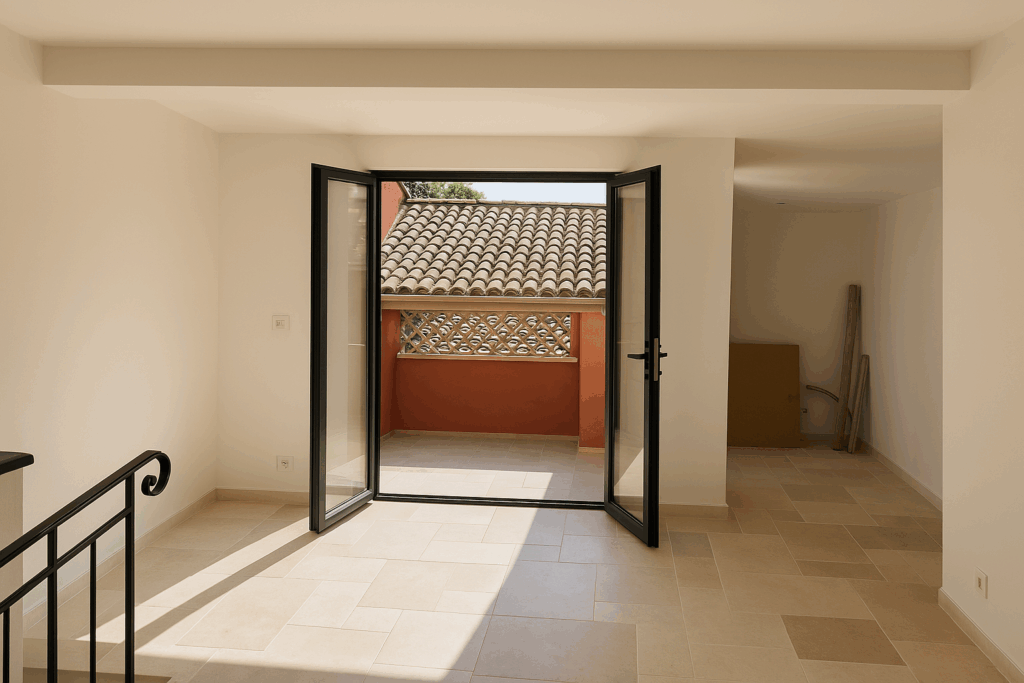 Pièce de combles terminée, baie vitrée aluminium à deux vantaux ouvrants sur terrasse, sol en travertin et murs peints clairs.