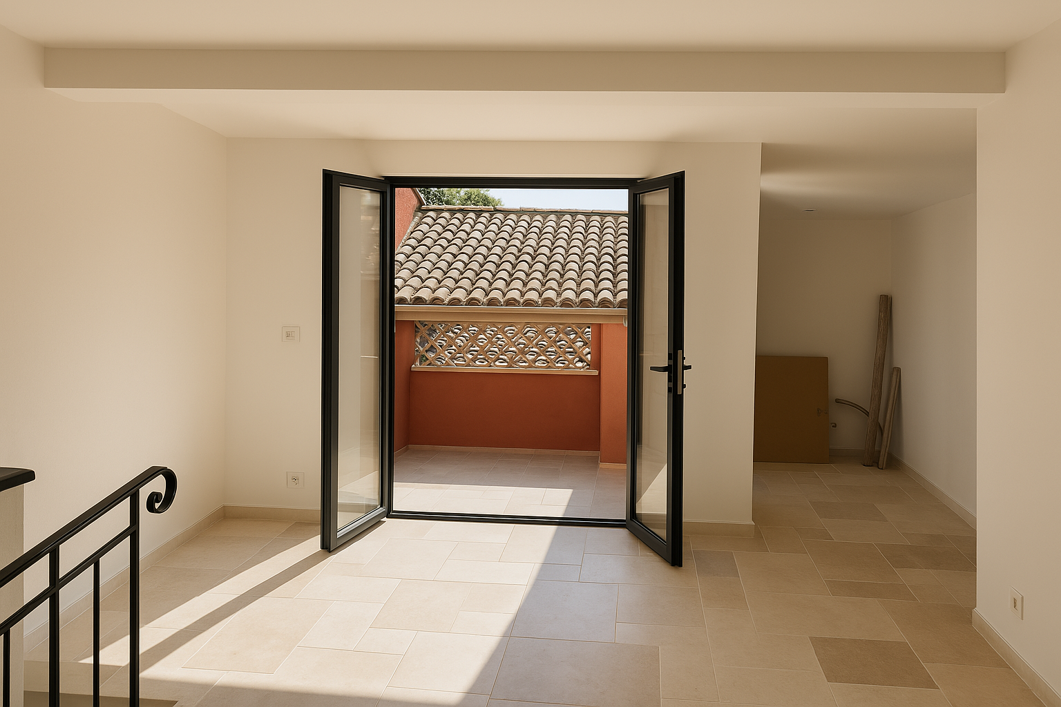 Création d’une baie vitrée et aménagement lumineux des combles avec sol en travertin