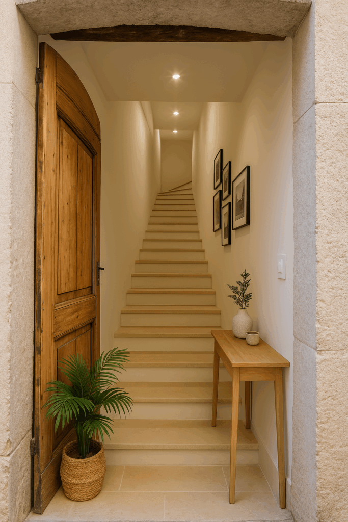 Entrée rénovée avec escalier clair, murs enduits lisses, spots encastrés, porte en bois et console décorative.