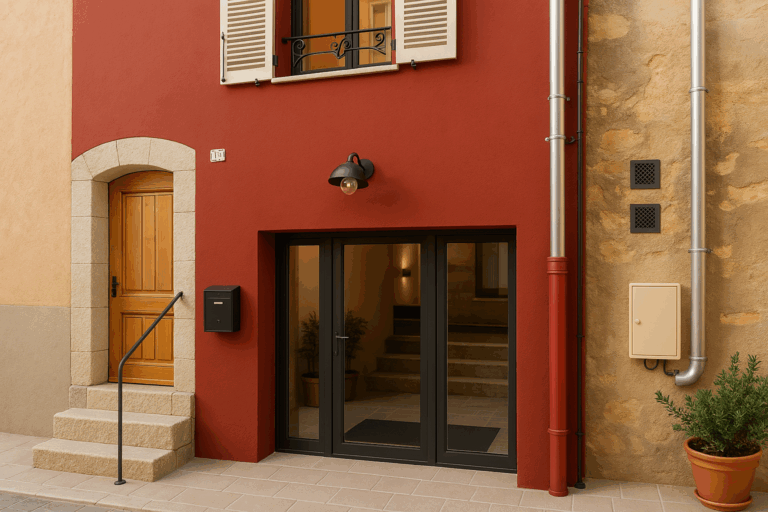 Vue au niveau rue : porte bois à cintre en pierre, grande baie vitrée aluminium noire, applique murale, boîte aux lettres et descente EP zinc sur dallage clair.
