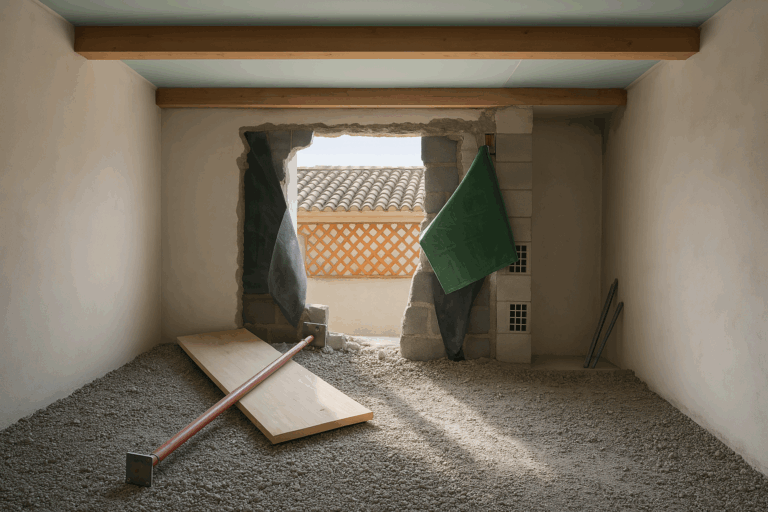 Ouverture structurée en cours avec blocs béton, protection pare-pluie, plafond isolé et sol en hérisson/grave avant chape.